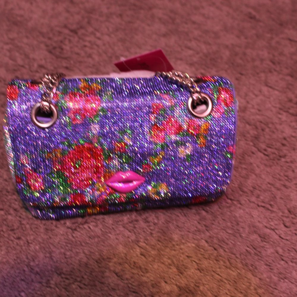 Betsey Johnson Rhinestone Bag Blue with Roses. - Picture 3 of 10